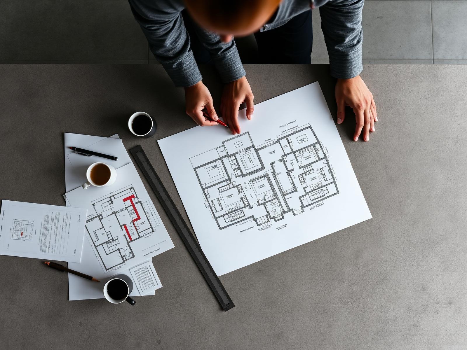 Architects and engineers reviewing floor plans together