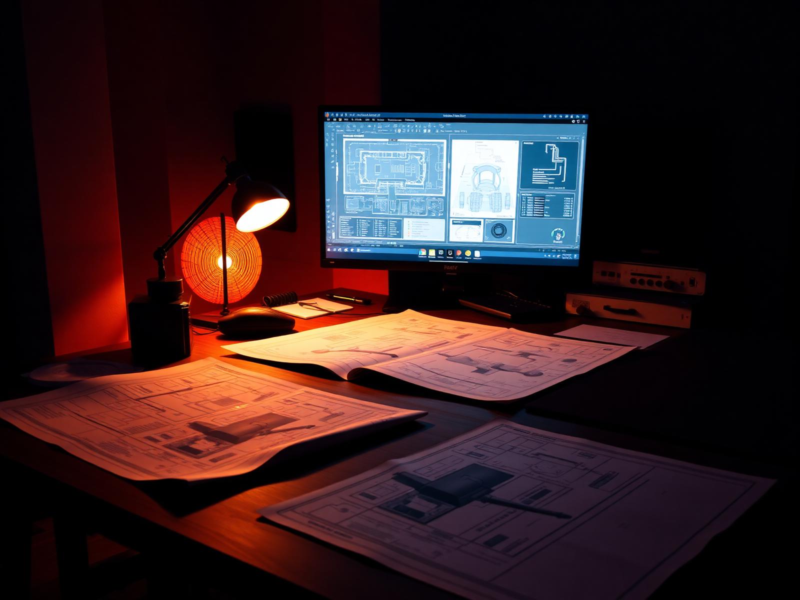 A designer's desk at night - CAD plans on screen, drawings spread under a desk lamp